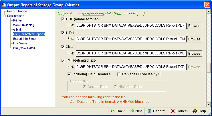 This illustration is a screen shot example of the Output Action, Destinations, File (Formatted Report) page of the Output Report wizard.