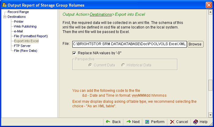 This illustration is a screen shot example of the Output Action, Destinations, Export into Excel page of the Output Report wizard.