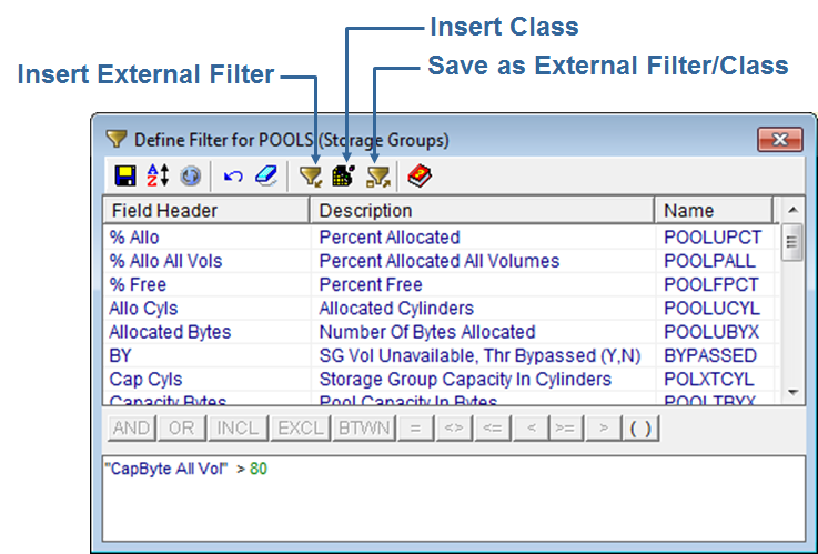 This illustration is a screen shot example of the Filter dialog and shows the Insert External Filter, Insert Class, and Save as External Filter/Class icons.