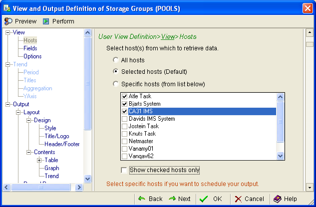 This illustration is a screen shot example of the User View Definition, View, Hosts page of the View and Output Definition Wizard.