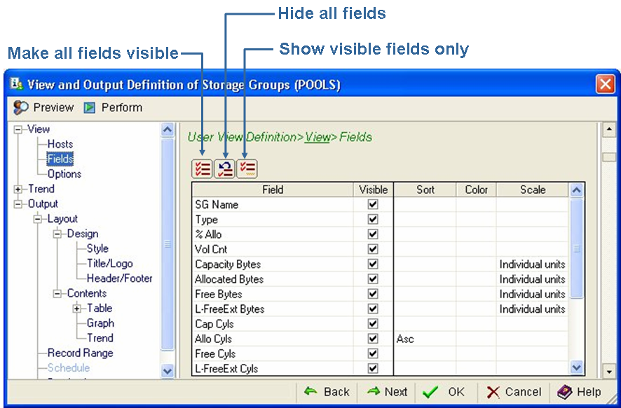 This illustration is a screen shot example of the User View Definition, View, Fields page of the View and Output Definition Wizard.