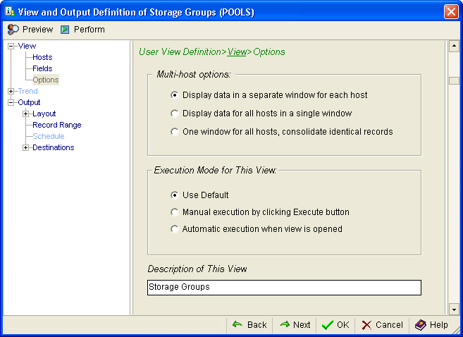 This illustration is a screen shot example of the User View Definition, View, Options page of the View and Output Definition Wizard.