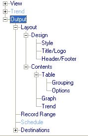 This illustration is a screen shot example of the Output portion of View and Output Definition wizard navigation tree.