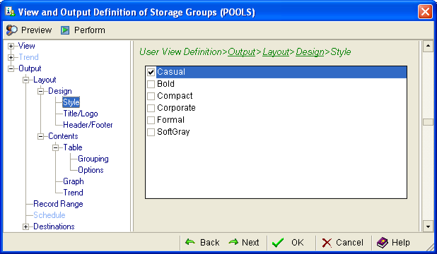 This illustration is a screen shot example of the User View Definition, Output, Layout, Design, Style page of the View and Output Definition Wizard.
