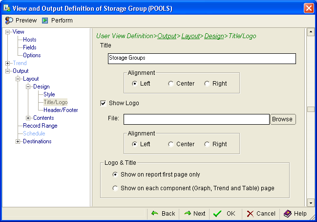 This illustration is a screen shot example of the User View Definition, Output, Layout, Design, Title/Logo page of the View and Output Definition Wizard.