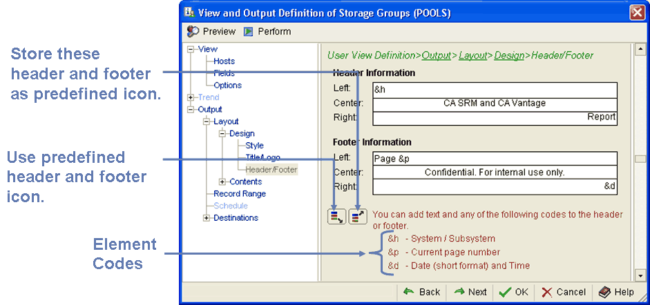 This illustration is a screen shot example of the User View Definition, Output, Layout, Design, Header/Footer page of the View and Output Definition Wizard.