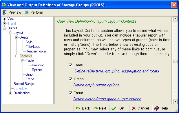 This illustration is a screen shot example of the User View Definition, Output, Layout, Contents page of the View and Output Definition Wizard.