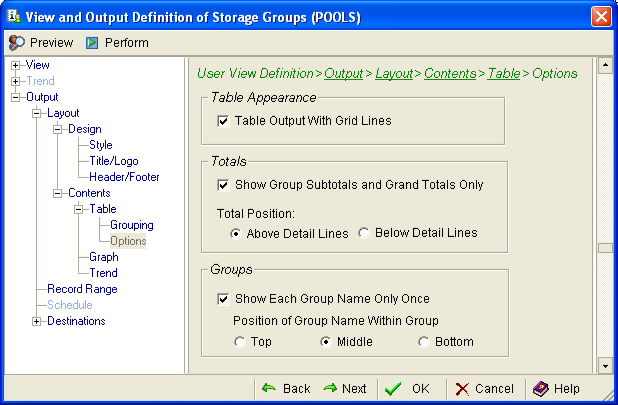 This illustration is a screen shot example of the Contents, Table, Options page of the View and Output Definition Wizard.