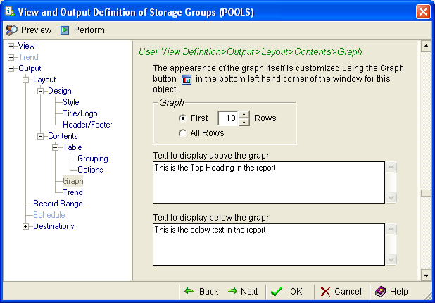This illustration is a screen shot example of the Graph page of the View and Output Definition Wizard.