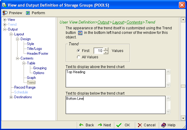 This illustration is a screen shot example of the Contents, Trend page of the View and Output Definition Wizard.