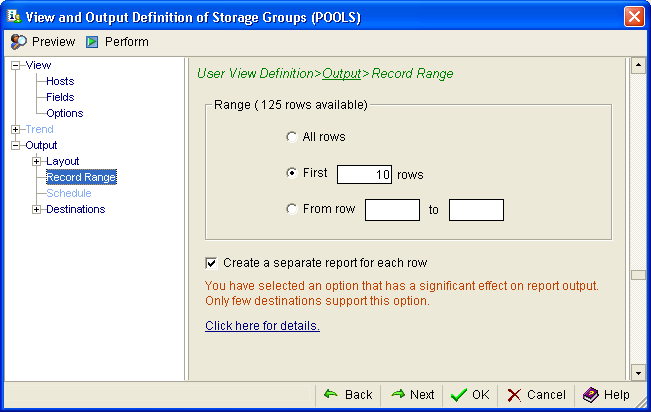 This illustration is a screen shot example of the User View Definition, Output, Record Range page of the View and Output Definition Wizard.
