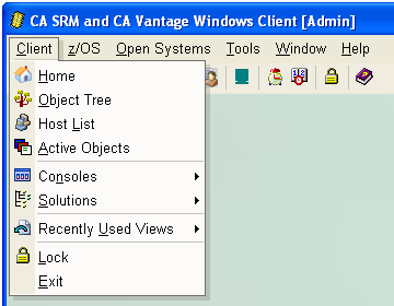 This illustration is a screen shot example of the Client drop down menu.