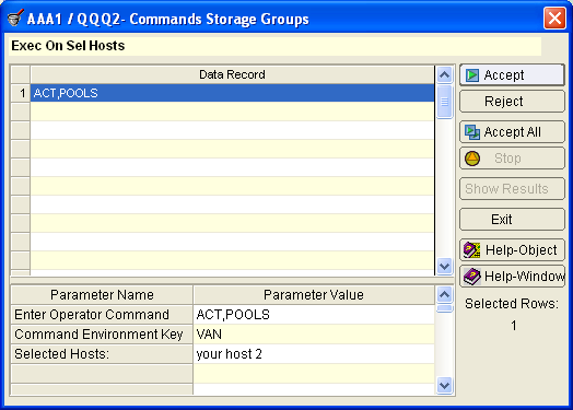 This illustration is a screen shot example of the object commands Spare Volumes for Storage Group  - Exec On Sel Hosts dialog.