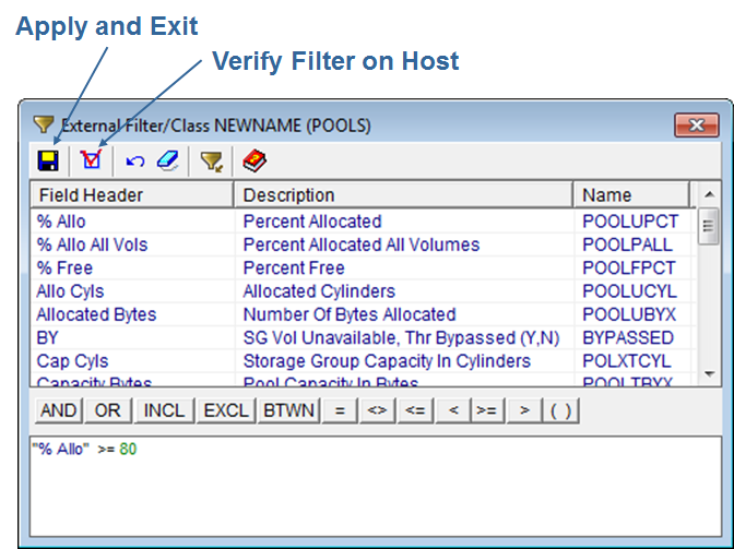 This illustration is a screen shot example of the New External Filter/ClassManager dialog with a filter of % Alloc greater than or equal to 80.