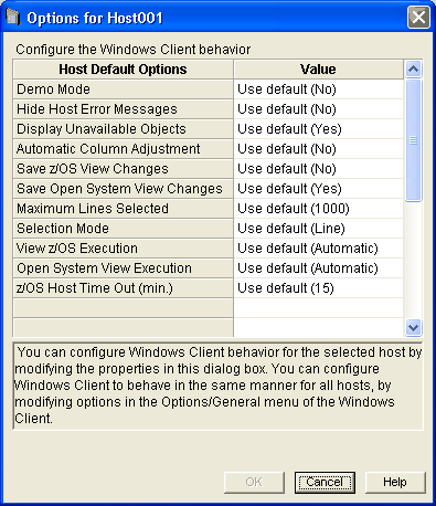 This illustration is a screen shot example of the Options dialog that opens when you select Options in the Host menu. The Host menu is displayed when you right-click a Host in the Host List window.