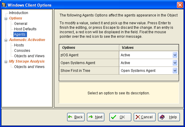 This illustration is a screen shot example of the Agents page of the Windows Client Options Wizard.