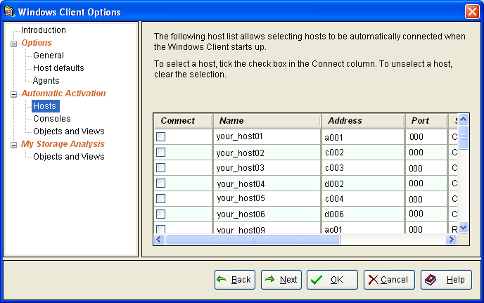 This illustration is a screen shot example of the Hosts page of the Windows Client Options Wizard.