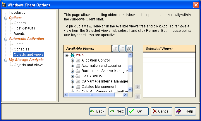 This illustration is a screen shot example of the Automatic Activation section Objects and Views page of the Windows Client Options Wizard.