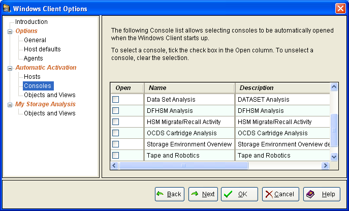 This illustration is a screen shot example of the Consoles page of the Windows Client Options Wizard.