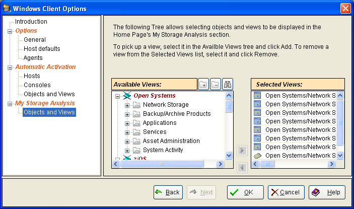 This illustration is a screen shot example of the My Storage Analysis section Objects and Views page of the Windows Client Options Wizard.