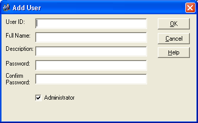 This illustration is a screen shot example of the Add User dialog displayed by the User Manager.