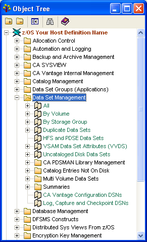This illustration is a screen shot example of the z/OS Object Tree with the Data Set Management folder expanded