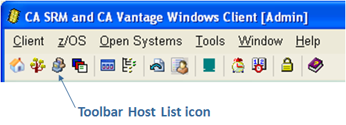 This illustration is a screen shot pointing out the Host List icon on the toolbar.