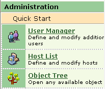 This illustration is a screen shot example of the Home view window, showing the Host List option that is available under Quick Start.