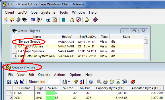 This illustration of the Windows Client shows the Active Objects window and the related Storage Group object.