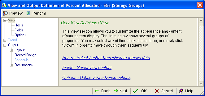 This illustration is a screen shot example of the User View Definition, View page of the View and Output Definition Wizard.