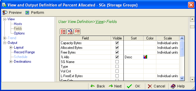 This illustration is a screen shot example of the User View Definition, View, Fields page of the View and Output Definition Wizard.