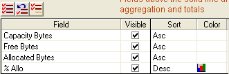 This illustration is a screen shot cutout example of the User View Definition, View, Fields page of the View and Output Definition Wizard, highlighting where the Color cell field is in the window.
