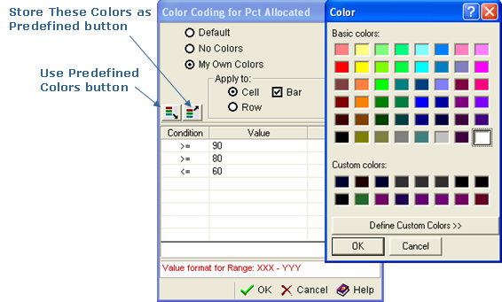 This illustration is a screen shot example of the Color Coding dialog and the Color pallet you can use to select colors.