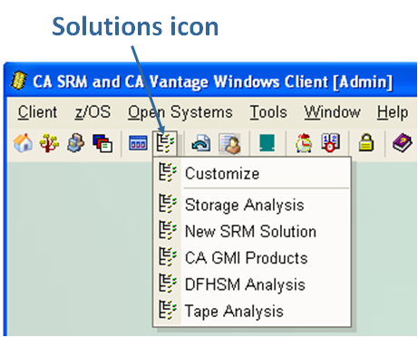 This illustration is a screen shot example of the Solutions icon and drop-down menu.
