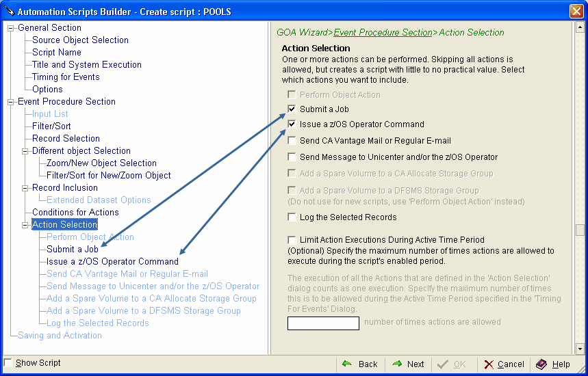 This illustration is a screen shot example of the GOA Wzard, Event Procedure Section, Action Selection page of the Automation Scripts Builder wizard.