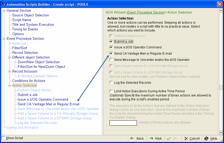 This illustration is a screen shot example of the GOA Wizard, Event Procedure Section, Action Selection page of the Automation Scripts Builder wizard.