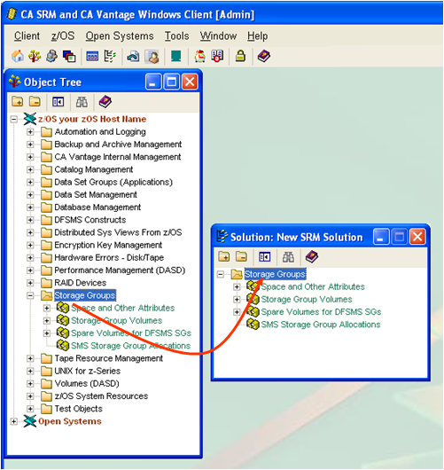 This illustration is an example screen shot showing drag-and-drop of the Space and Other Attributes object from the Object Tree to the New Solutions window.