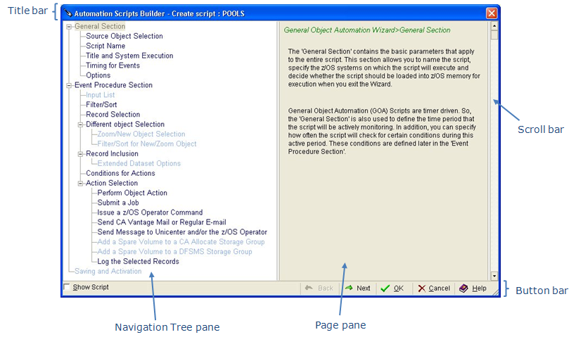 This illustration is a screen shot example of the Automation Scripts Builder wizard window showing the title bar, Navigation Tree pane, and the Page pane.