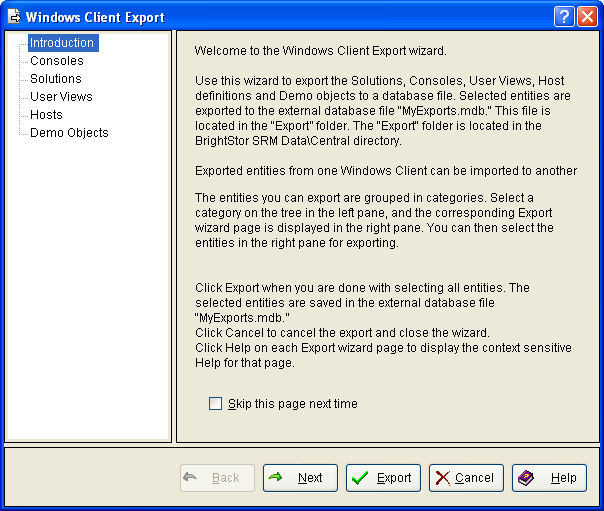 This illustration is a screen shot example of the Export Wizard Introduction page.