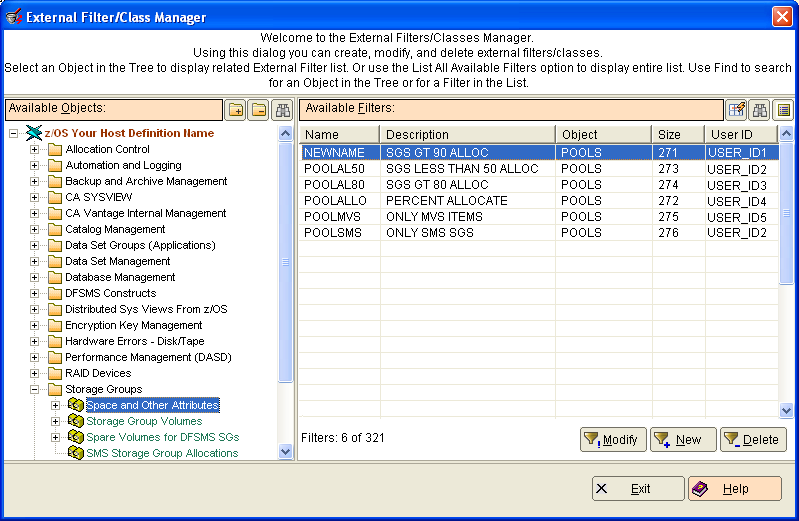 This illustration is a screen shot example of the External Filter/Class Manager dialog listing the NEWNAME external filter.
