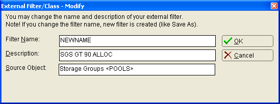 This illustration is a screen shot example of the External Filter/Class Manager Modify dialog.