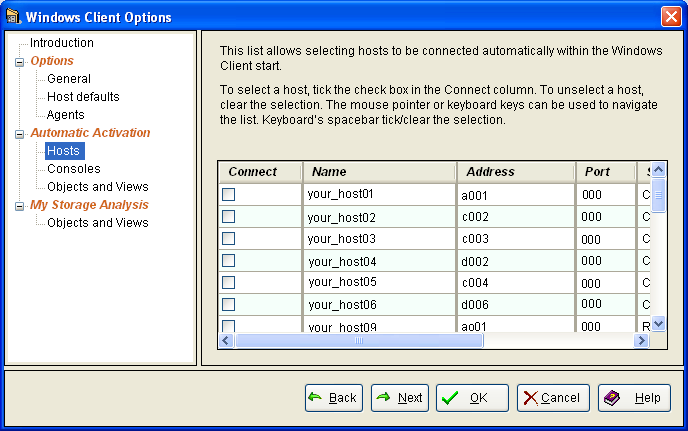 This illustration is a screen shot example of the Hosts page of the Windows Client Options Wizard.