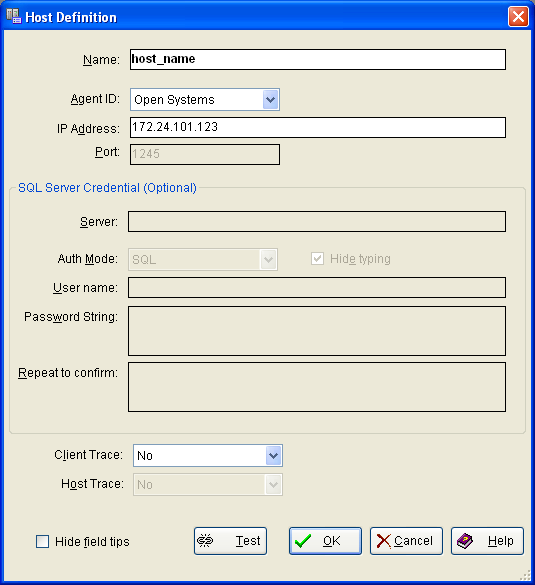This example shows the Host Definition dialog when defining a new Open Systems host.