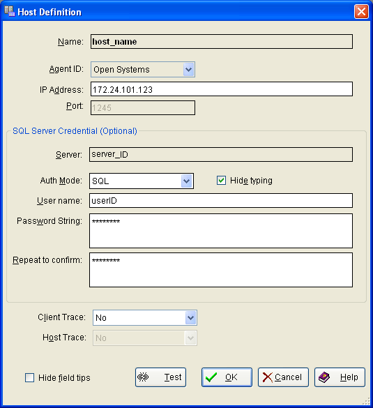 This example shows the Host Definition dialog when modifying an existing Open Systems host.