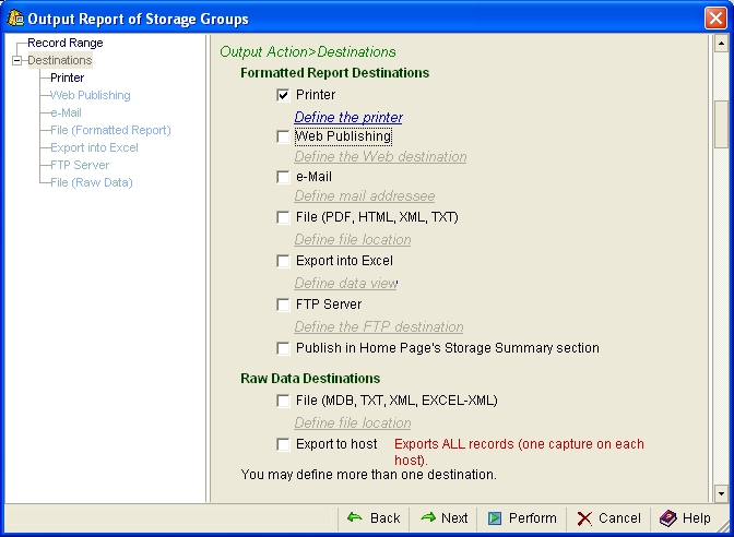 This illustration is a screen shot example of the Output Action, Destinations page of the Output Report wizard.