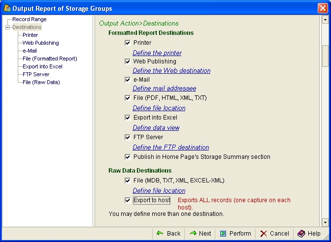 This illustration is a screen shot example of the Output Action, Destinations page of the Output Report wizard with all items selected.