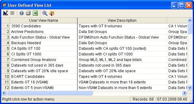 This illustration is a screen shot example of the User-Defined View List window.