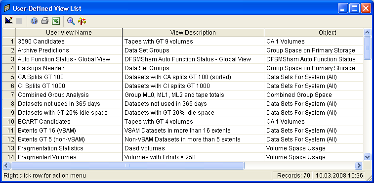 This illustration is a screen shot example of the User-Defined View List window.