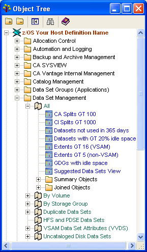 This illustration is a screen shot example of the Object Tree showing Source objects, User-created Views, and Summary Objects and Joined Objects sub folders.