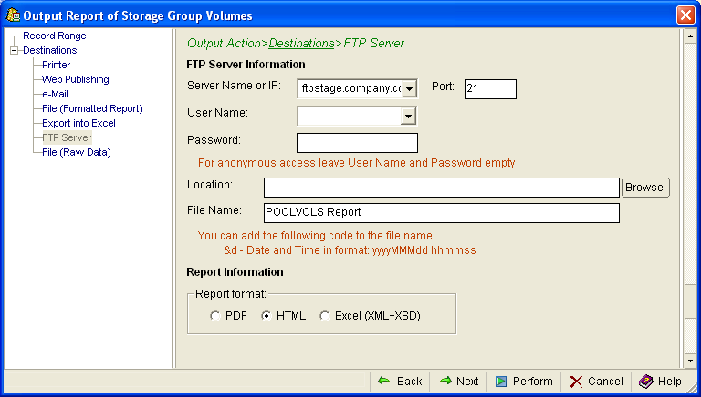 This illustration is a screen shot example of the Output Action, Destinations, FTP Server page of the Output Report wizard.